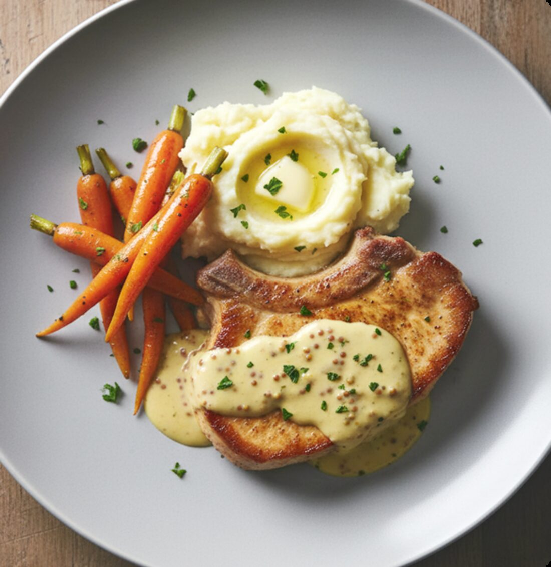 Kotelett mit Kartoffelpüree, Möhren und Senfsauce