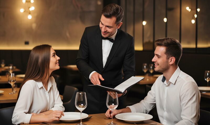 Sommelier berät ein Paar am Restauranttisch bei der Weinauswahl