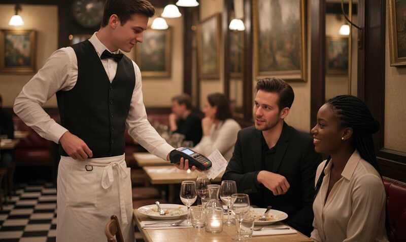 Kellner berät zwei Gäste am Tisch eines Restaurants