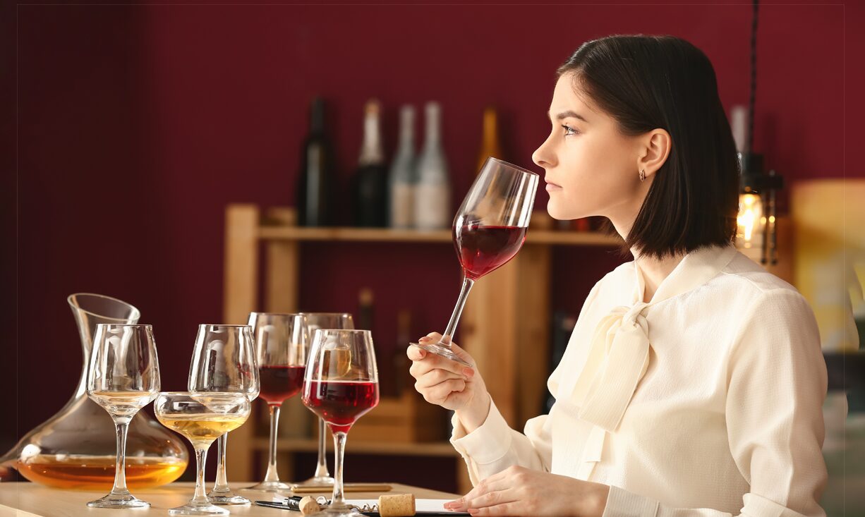 Frau verkostet Rotwein an einem Tisch mit Weingläsern und Karaffe