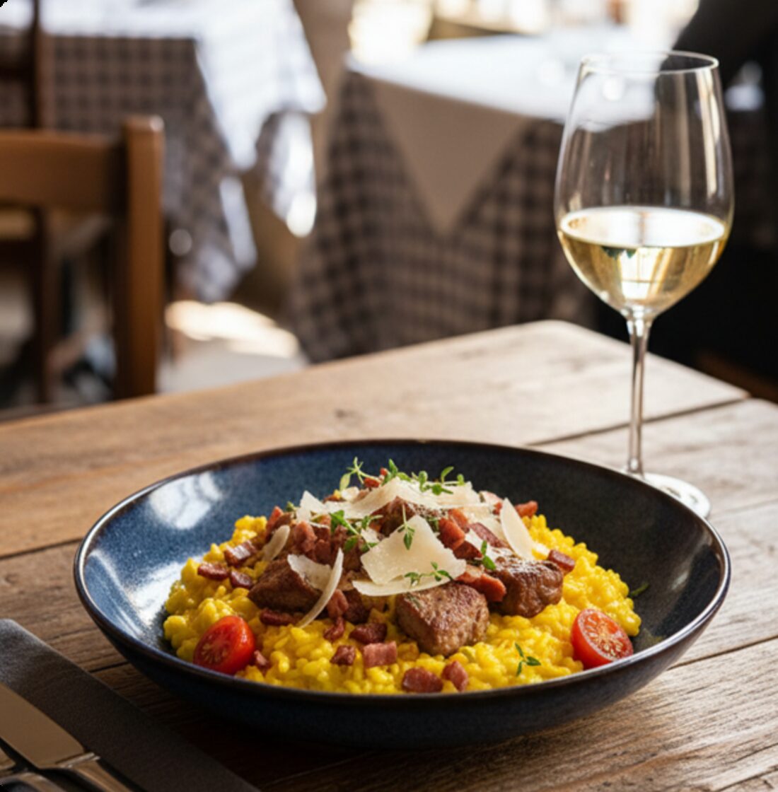 Risotto mit Fleisch und Parmesan, dazu Weißwein