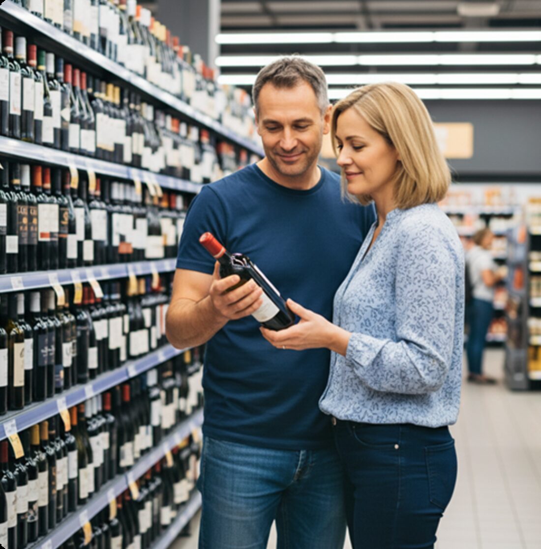 Paar wählt im Supermarkt vor dem Weinregal eine Flasche